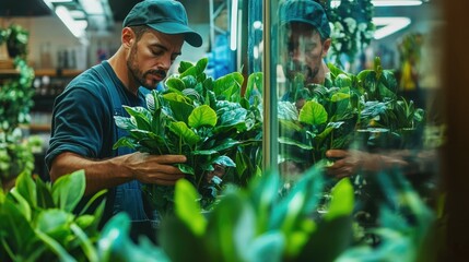 Obraz premium A worker at an indoor plant nursery tending to potted plants, ensuring their health and readiness for sale. The environment is brightly lit with a focus on greenery.