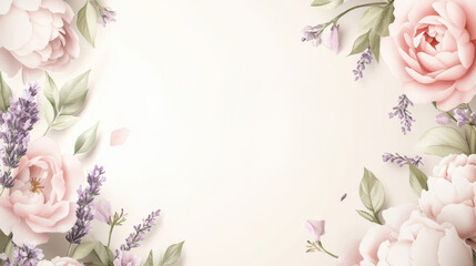 A beautiful mix of roses, peonies, and lavender in soft pink and cream tones. The elegant composition radiates grace and beauty against a light cream background, enhancing tranquility