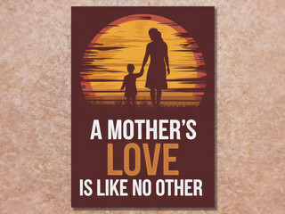 Silhouette of mother and child against sunset with heartfelt quote on love