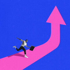 Conceptual design. Young entrepreneur rushing with briefcase on upward arrow against bold blue...