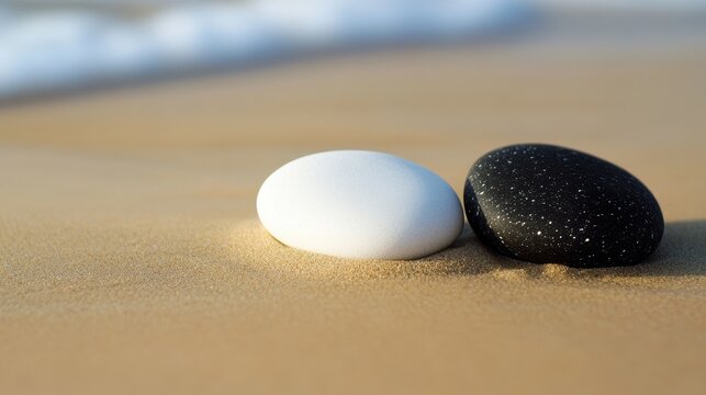 Two smooth stones, one black, the other white, rest nestled in the soft sand, symbolizing the harmony of opposites in a tranquil beach scene.