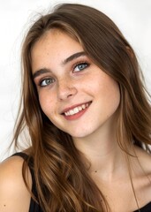 Naklejka premium Whimsical Charm: Ultrarealistic Portrait of a Playful, Freckled Beauty with Hazel Eyes and Bold Makeup