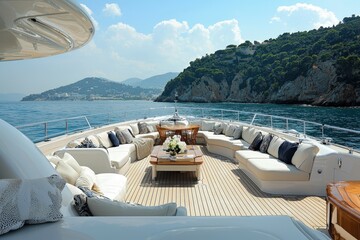 Fototapeta premium A luxury yacht sailing in the Mediterranean, with a sun deck, plush seating, and guests enjoying a sunny day at sea.