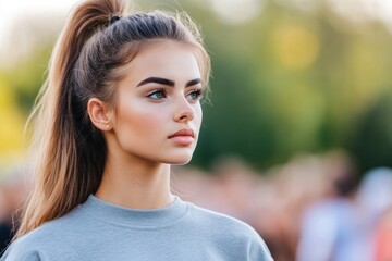 Naklejka premium Young Woman With Ponytail In Outdoor Setting, Serene