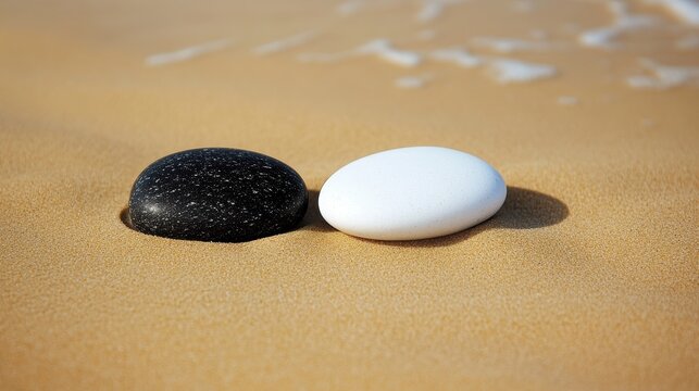 Two smooth stones, one black, the other white, rest nestled in the soft sand, symbolizing the harmony of opposites in a tranquil beach scene.