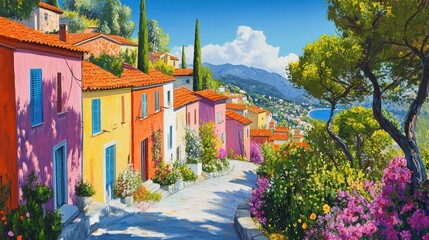 Vibrant Fauvist Landscape of a Mediterranean Village with Colorful Houses and Trees on a Winding Path