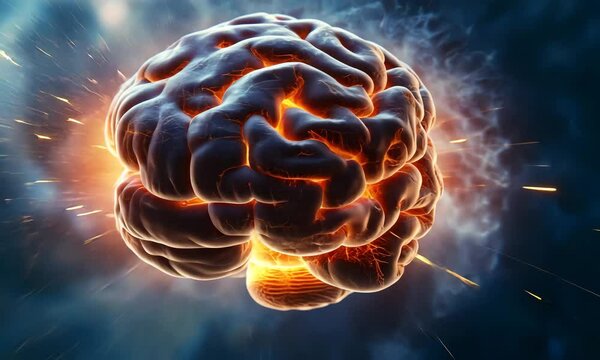 A vivid depiction of a glowing brain with electric sparks, symbolizing creativity and thought, against a dark, nebulous background