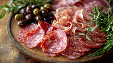 Obraz premium Gourmet cured meats and olives platter on rustic wooden board