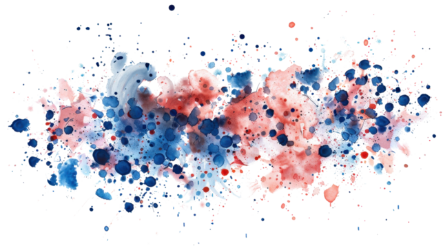 Watercolor splashing in red white and blue on transparent background