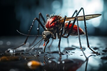 Menace in Miniature: A striking macro shot captures a mosquito, its intricate details sharply defined against a darkly atmospheric backdrop, highlighting both its beauty and the threat it embodies.