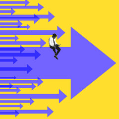 Modern artwork. Businessman sitting on massive arrow leading fleet of smaller arrows against yellow...