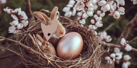 Bronze easter egg and rabbits nestled in catkin nest on wooden table
