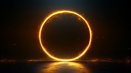 Glowing golden circle surrounded by particles and a dark background