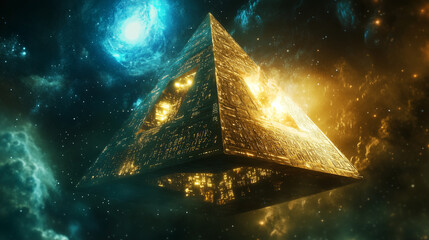 Egyptian space station shaped like a pyramid hovers in cosmic landscape filled with vibrant colors and galactic features