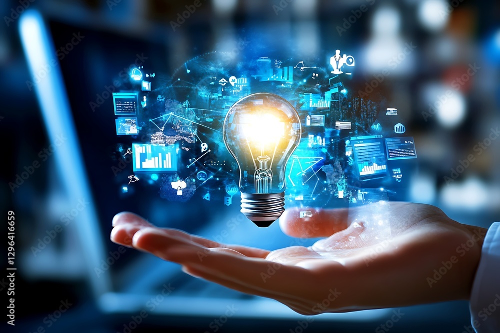 Poster illuminating ideas: a hand cradles a glowing light bulb surrounded by digital interface elements, re
