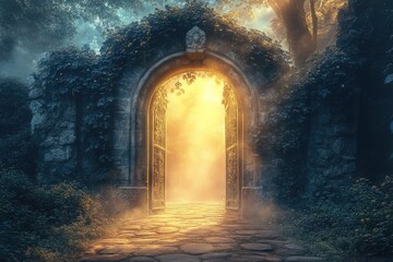 Glowing Archway: A Mystical Stone Gate Opens to a Golden Path in a Foggy Forest