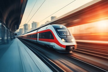 Naklejka premium Speed of Tomorrow: A sleek high-speed train rushes through a modern cityscape, its motion blurring into streaks of light and energy.