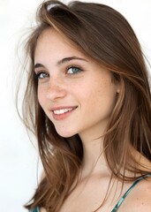 Naklejka premium Whimsical Charm: Ultrarealistic Portrait of a Playful, Freckled Beauty with Hazel Eyes and Bold Makeup