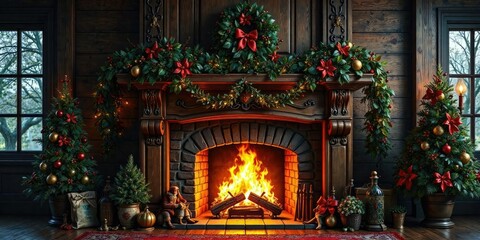 Wooden mantel decorated with holly, garlands, and festive decorations around a roaring fireplace, garlands, warm ambiance, roaring fireplace