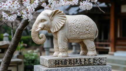 Obraz premium Ornate white elephant statue under cherry blossoms.