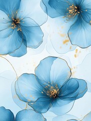 Spring floral in watercolor vector background. Luxury wallpaper design with blue flowers, line art, circle shapes. Elegant gold blossom flowers illustration suitable for fabric, prints, cover.