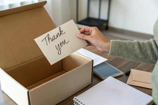 person put thank you card in package box. Customer appreciation and service