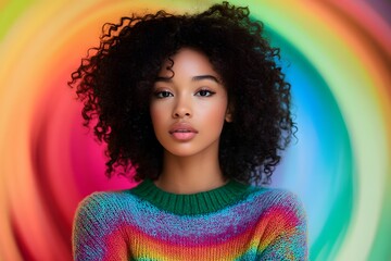 A photograph of an attractive African American woman with curly hair wearing a colorful sweater, standing in front of a swirling rainbow background