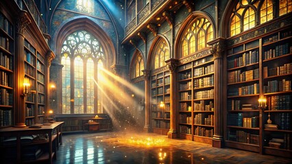 Naklejka premium Enchanting Long Exposure Shot: Magical Old Fantasy Library with Glowing Books