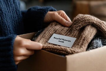 Hands revealing a knitted item tagged with 'Recycled Materials Inside,' emphasizing the importance of sustainability and mindful consumption in fashion and textiles.