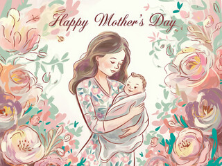 Heartwarming mother's day celebration with floral background and mom holding baby