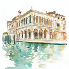 Naklejka premium Watercolor building reflects beautifully on river illustration