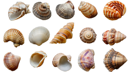 Seashell Symphony: An artistic arrangement of diverse seashells, showcasing intricate textures, patterns, and natural beauty, creating a visual ode to the ocean's treasures.