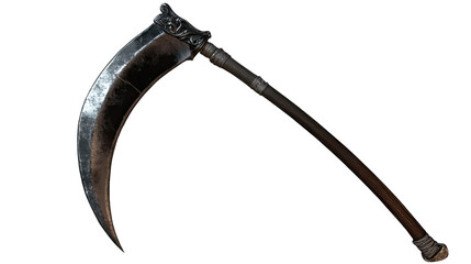 Ancient Reaper's Scythe: An antique scythe, a historical farming tool, features a curved blade and a long handle, a symbol of harvest and mortality.