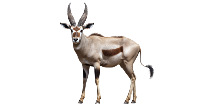 Oryx in Focus: A majestic oryx stands with its striking horns against a clean backdrop, showcasing the animal's unique features.