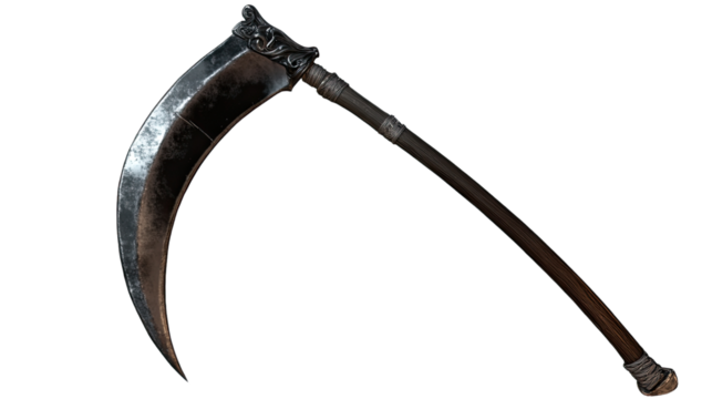 Ancient Reaper's Scythe: An antique scythe, a historical farming tool, features a curved blade and a long handle, a symbol of harvest and mortality.