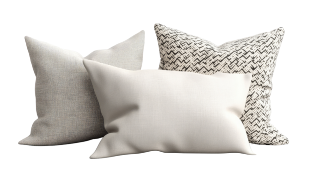 Cozy Comfort: Three plush pillows in various textures and neutral tones rest, perfect for adding a touch of warmth and style to any home decor. 