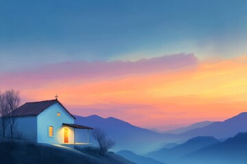 Fototapeta premium Sunset Serenity Mountain Chapel - Peaceful mountain village scene, sunset hues paint the sky, a small chapel glows warmly, symbolizing peace, hope, faith, serenity, and tranquility