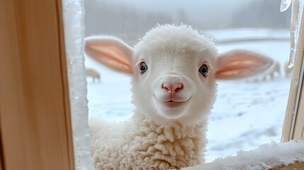 Fototapeta premium In the snow, there is an adorable baby lamb with big eyes and ears that stands at full height by its window, looking outside.