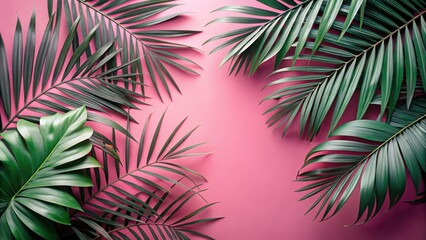 Vibrant Pink Background Showcases Lush Tropical Foliage, Creating a Serene and Exotic Atmosphere Perfect for Summer Designs