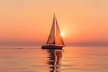 lone sailboat gliding across the calm sea under an orange sky at sunset 