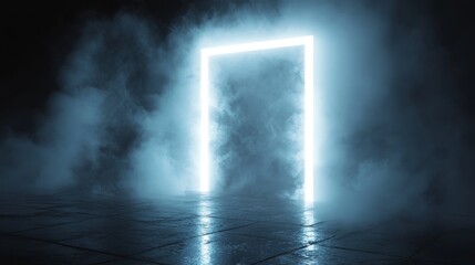A glowing rectangular portal emitting bright light and fog