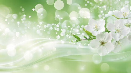 Serene Spring Blossoms Delicate White Flowers on Soft Green Background with Bokeh Lights