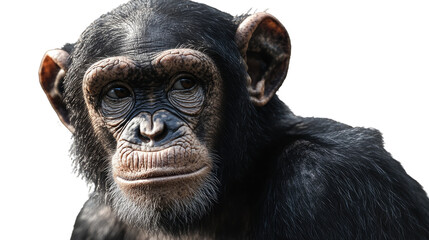 Naklejka premium Chimpanzee Portrait: A close-up shot of a chimpanzee, captured against a simple backdrop. The focus is on its intelligent eyes, expressive face, and the intricate details of its fur.