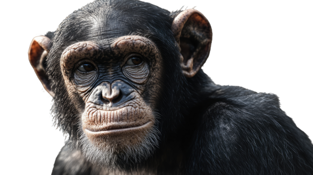 Chimpanzee Portrait: A close-up shot of a chimpanzee, captured against a simple backdrop. The focus is on its intelligent eyes, expressive face, and the intricate details of its fur.
