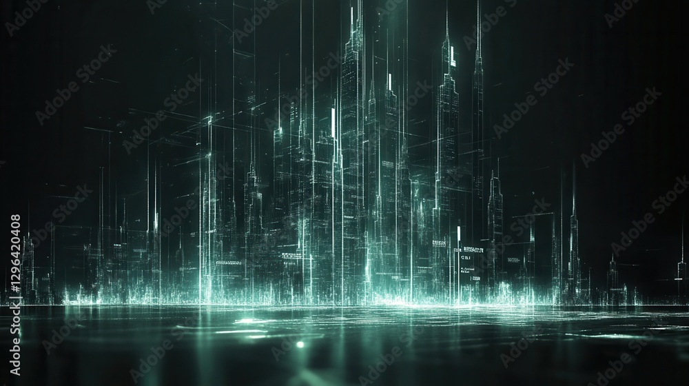Poster a futuristic city skyline with abstract data visualizations and glowing elements representing techno