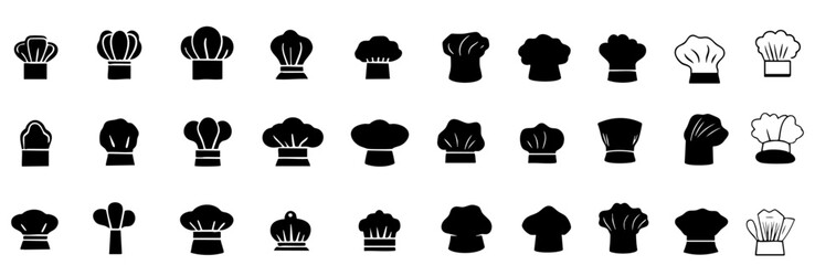 A collection of simple black chef hat vector icons, designed with a flat 2D style and high contrast for clarity. 