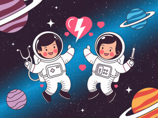 Drawn astronaut couple in space with heart and planets