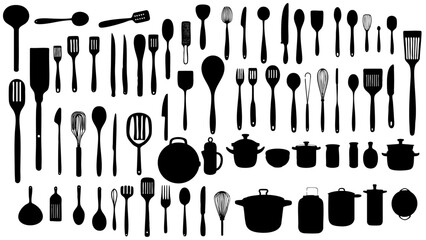 different kitchen utensil silhouettes in a clean, black and white vector style. Each item is designed with simple shapes and a cutout effect