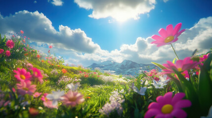 Obraz premium Vibrant meadow with blooming flowers under a bright blue sky and distant snow-capped mountains.