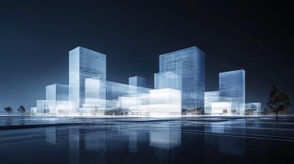 Fototapeta premium Futuristic city skyline at night, reflecting lights, urban development, architectural design